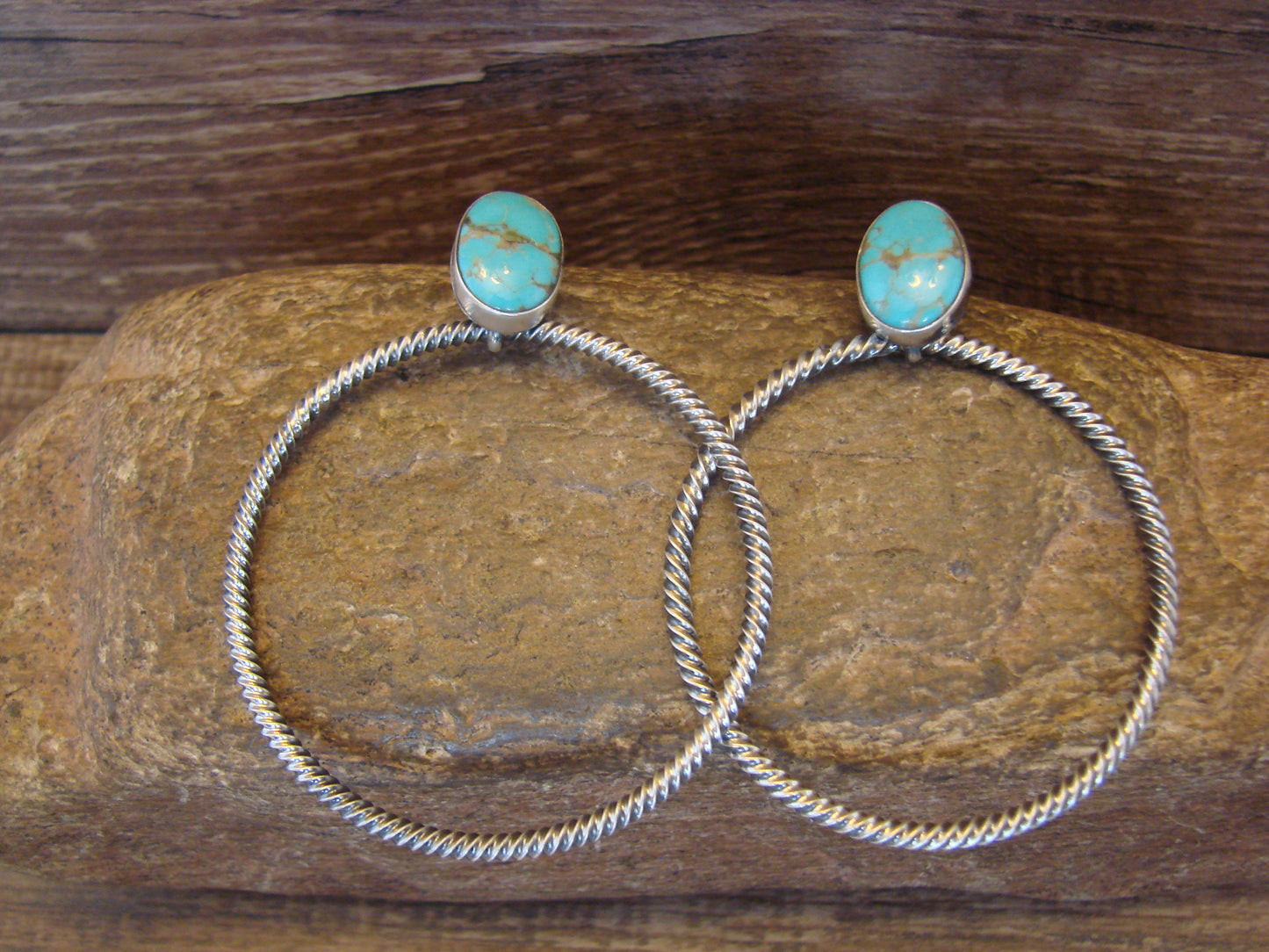 Native American Sterling Silver & Turquoise Hoop Post Earrings - Betone