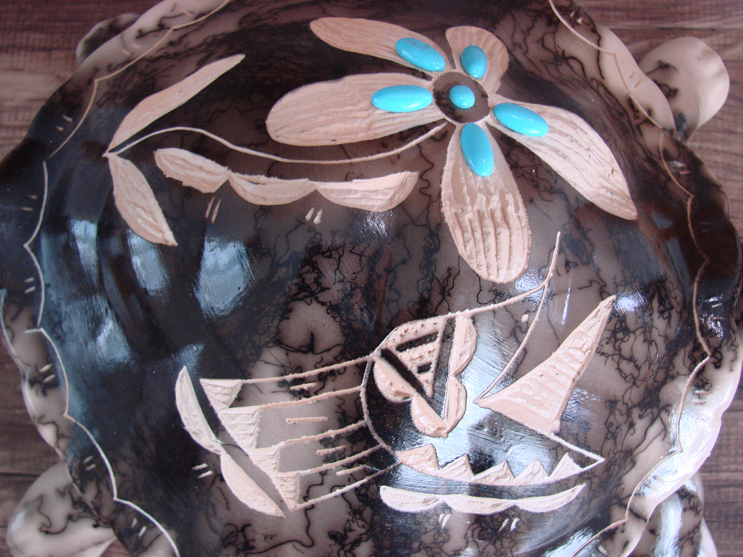 Large Navajo Pottery Horse Hair Turtle Jewelry Trinket Box by Vail