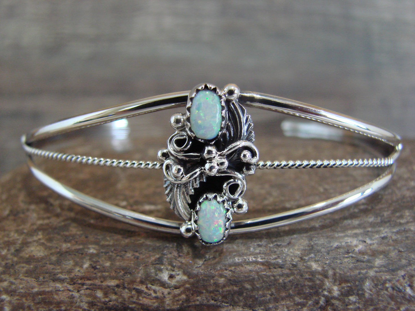 Native American Sterling Silver White Opal Feather Bracelet by Largo