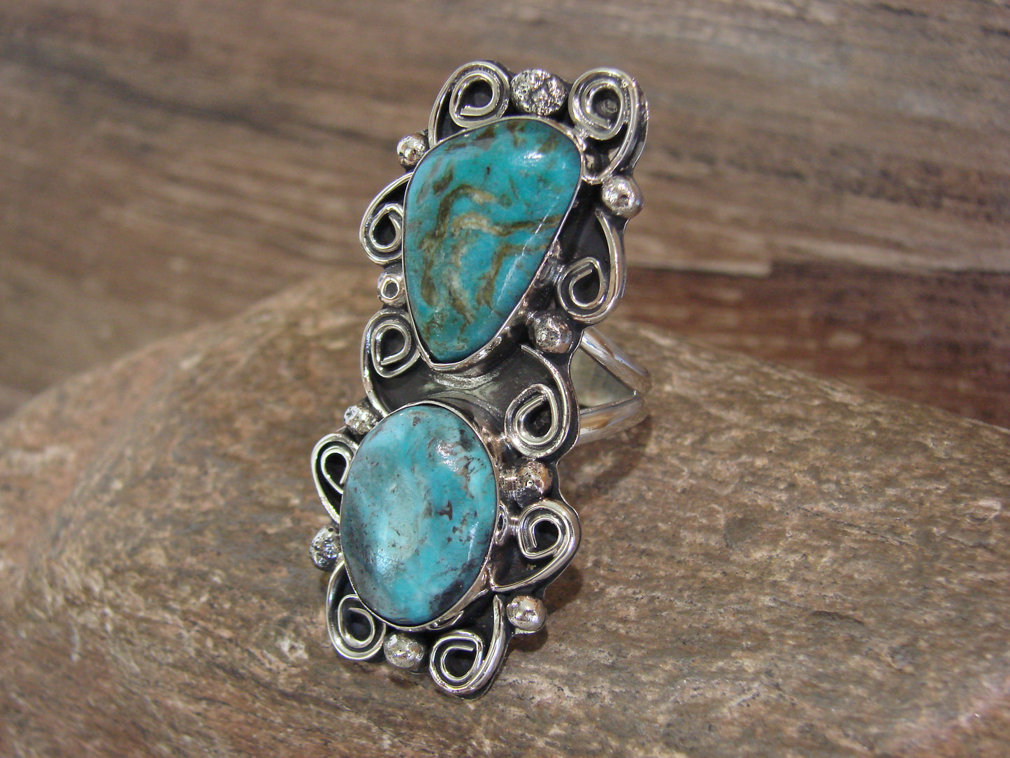 Native American Nickel Silver & Turquoise Ring by Cleveland - Size 11.5