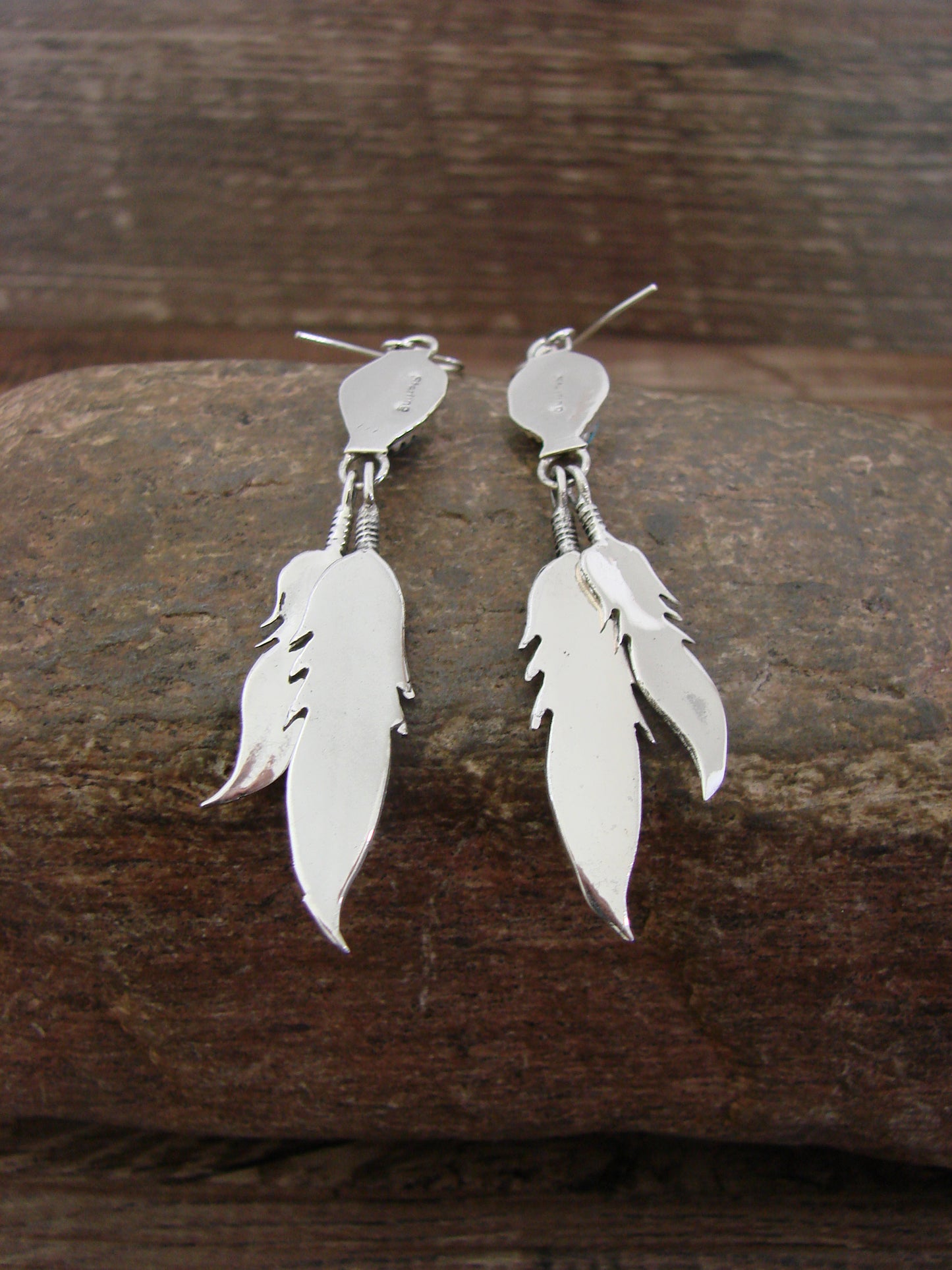 Native American Sterling Silver & Turquoise Feather Dangle Earrings by McCarthy