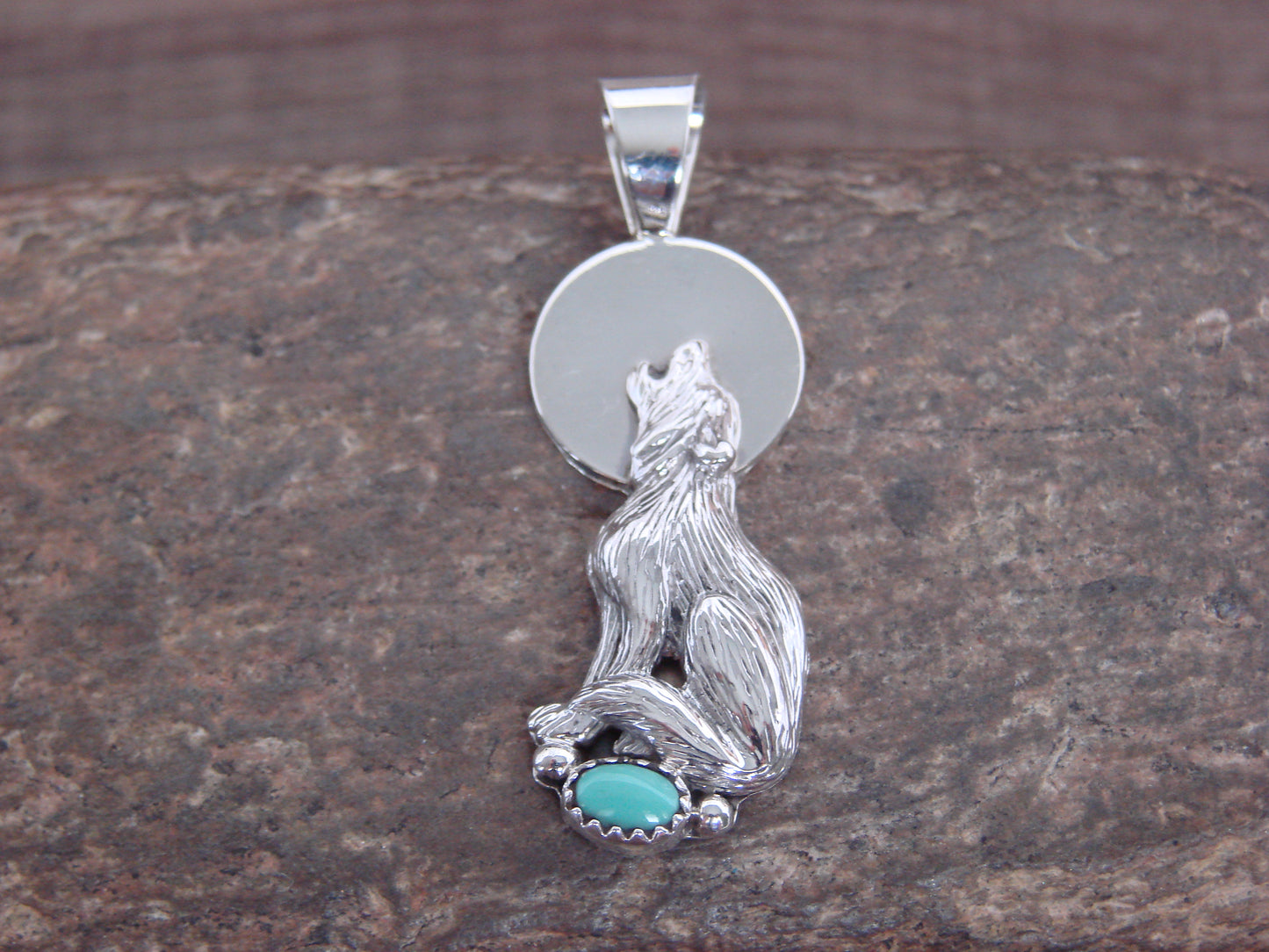 Native American Sterling Silver Turquoise Wolf Pendant by Yellowhair