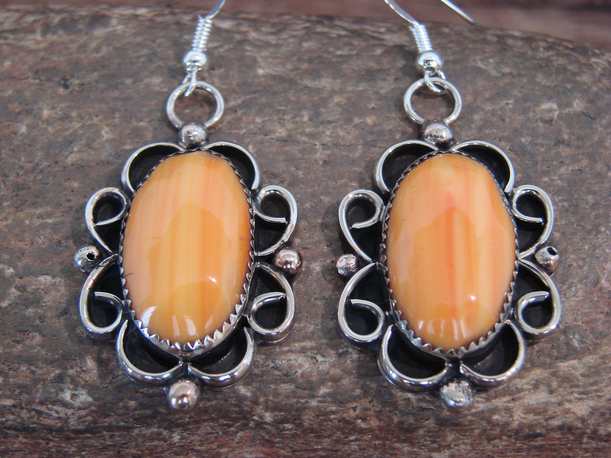 Native American Nickel Silver & Spiny Oyster Dangle Earrings - Cleveland