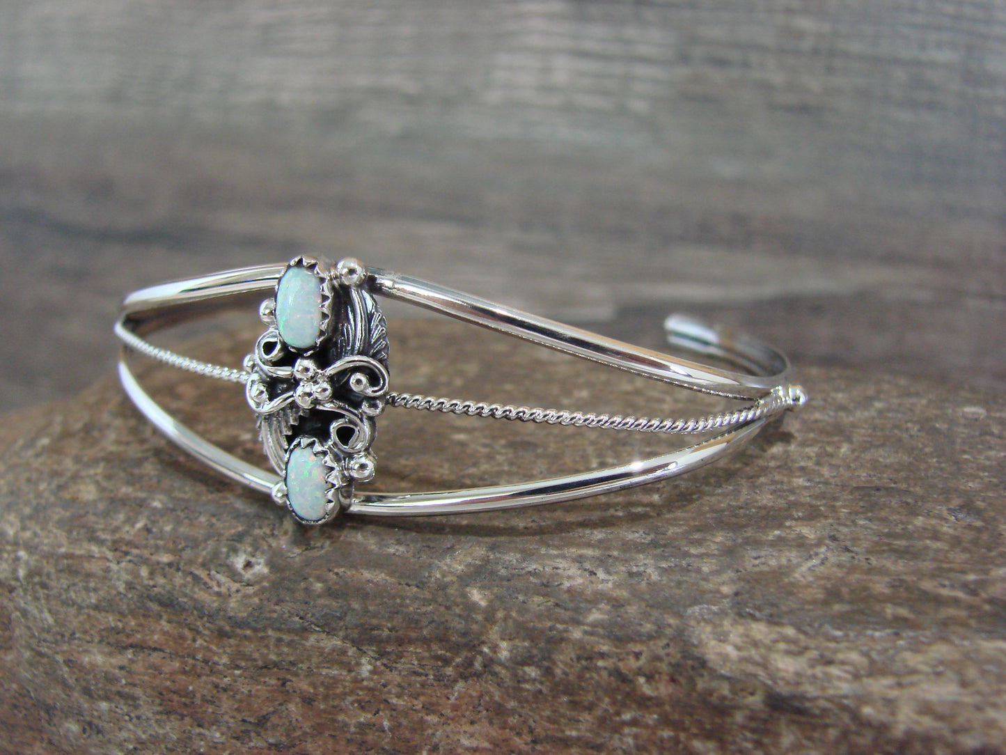 Native American Sterling Silver White Opal Feather Bracelet by Largo