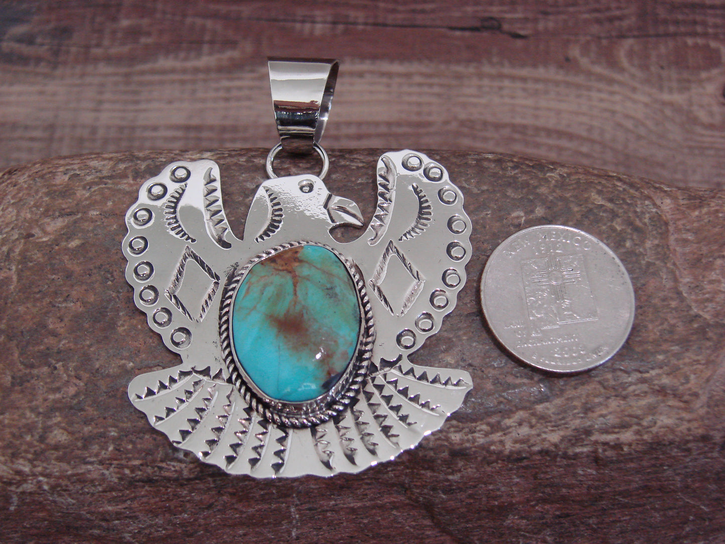 Native American Nickel Silver & Turquoise Eagle Pendant - Cleveland
