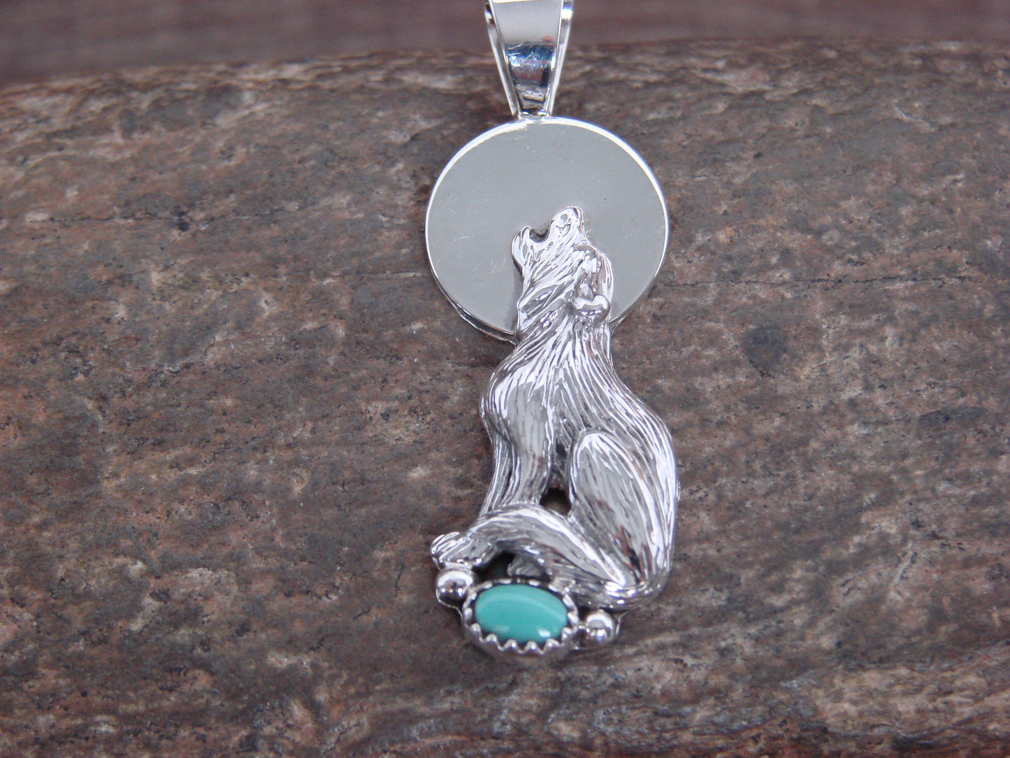 Native American Sterling Silver Turquoise Wolf Pendant by Yellowhair