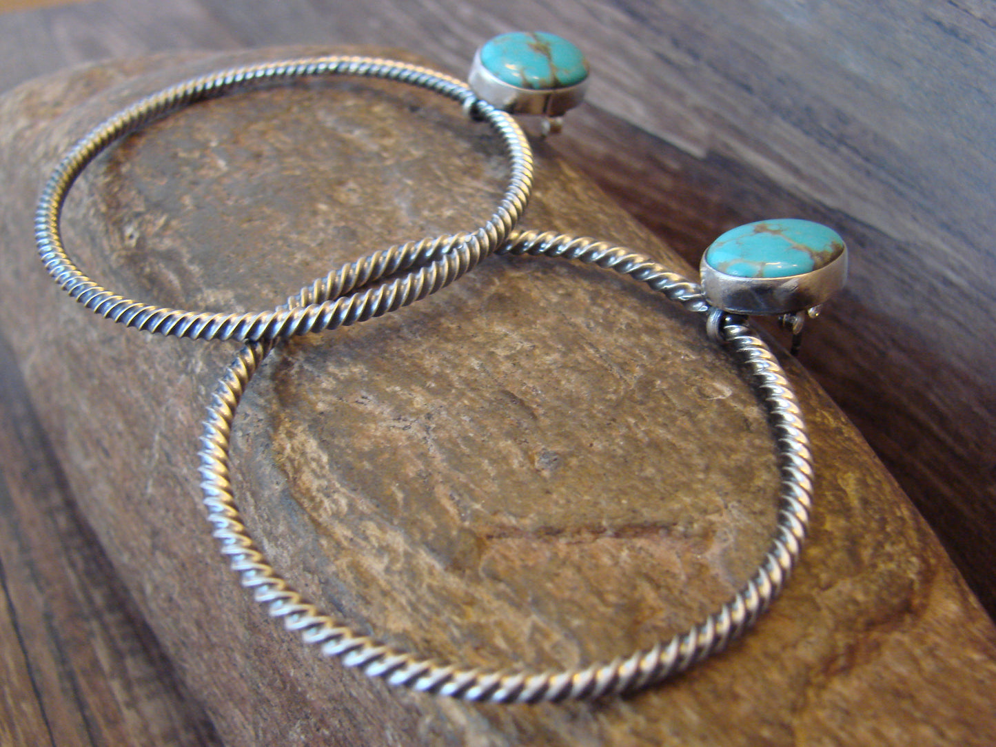 Native American Sterling Silver & Turquoise Hoop Post Earrings - Betone