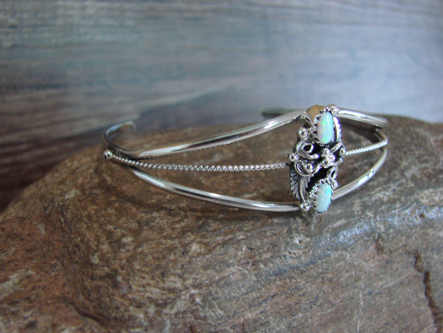 Native American Sterling Silver White Opal Feather Bracelet by Largo