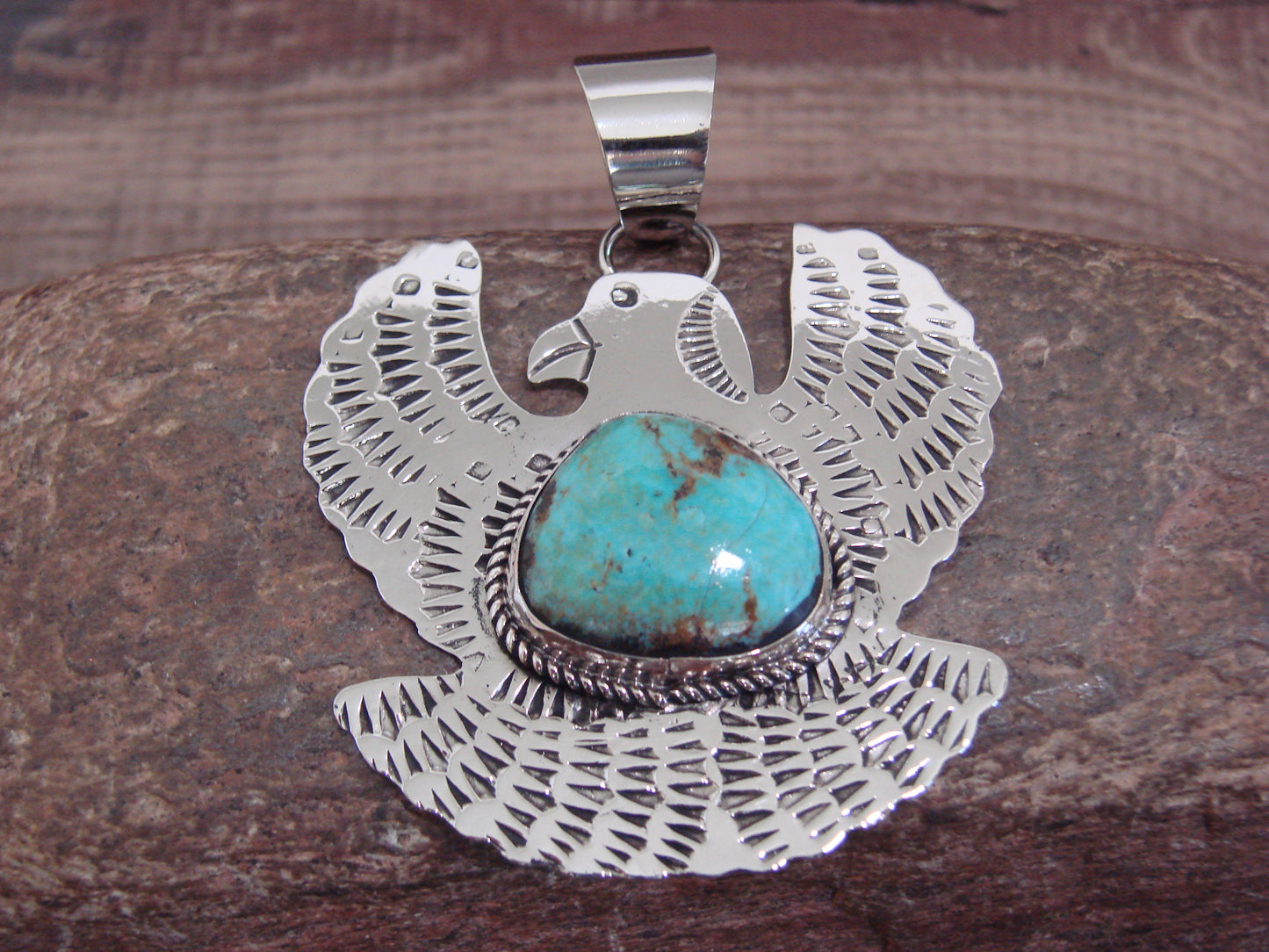 Native American Nickel Silver & Turquoise Eagle Pendant - Cleveland