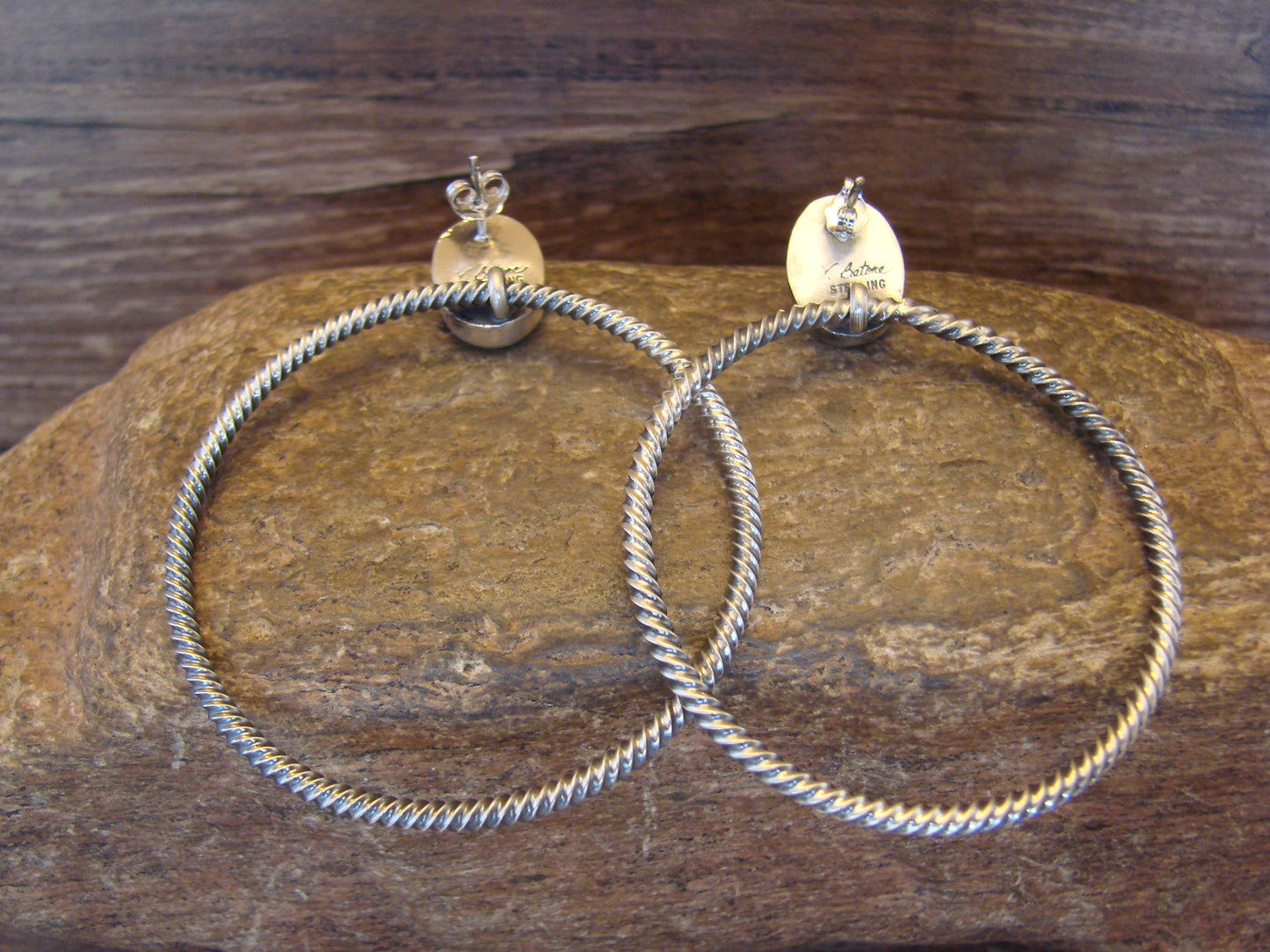Native American Sterling Silver & Turquoise Hoop Post Earrings - Betone