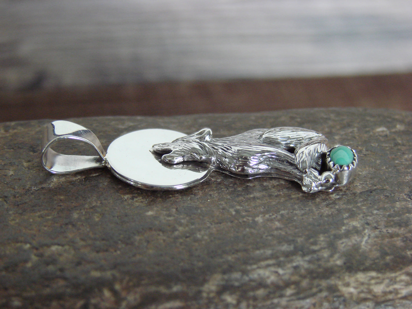 Native American Sterling Silver Turquoise Wolf Pendant by Yellowhair