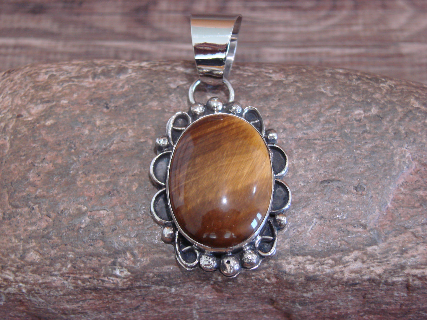 Native American Navajo Nickel Silver & Tiger Eye Pendant - Cleveland
