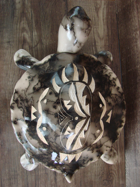 Large Navajo Pottery Horse Hair Turtle Jewelry Trinket Box by Vail