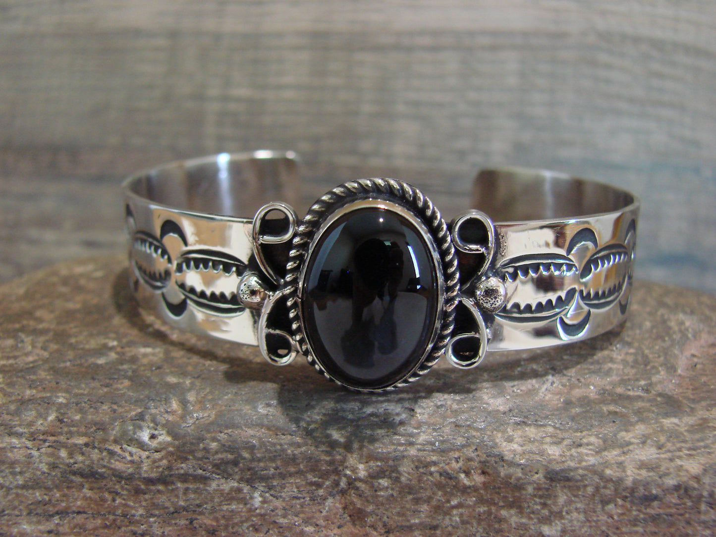 Navajo Indian Nickel Silver & Onyx Bracelet by Cleveland