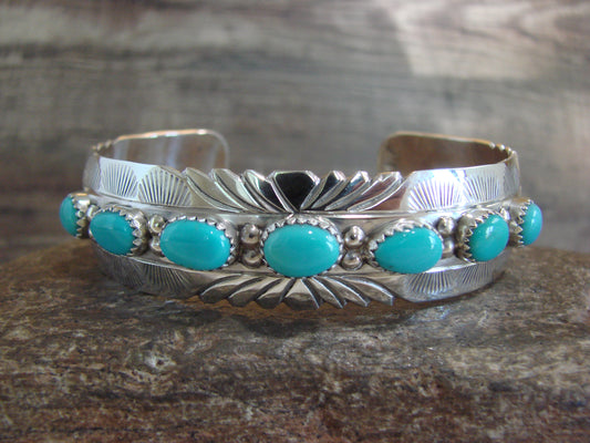 Native American Sterling Silver & Turquoise Row Bracelet by Segar