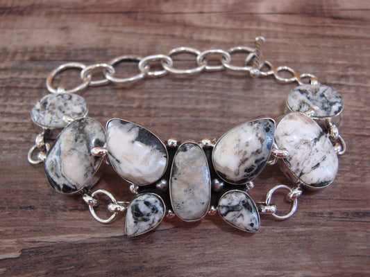 Native American Sterling Silver White Buffalo Turquoise Butterfly Link Bracelet -Cayaditto