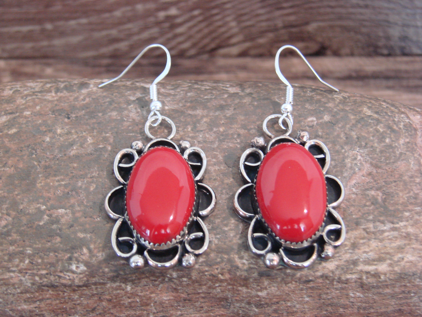 Native American Nickel Silver & Coral Dangle Earrings - Cleveland