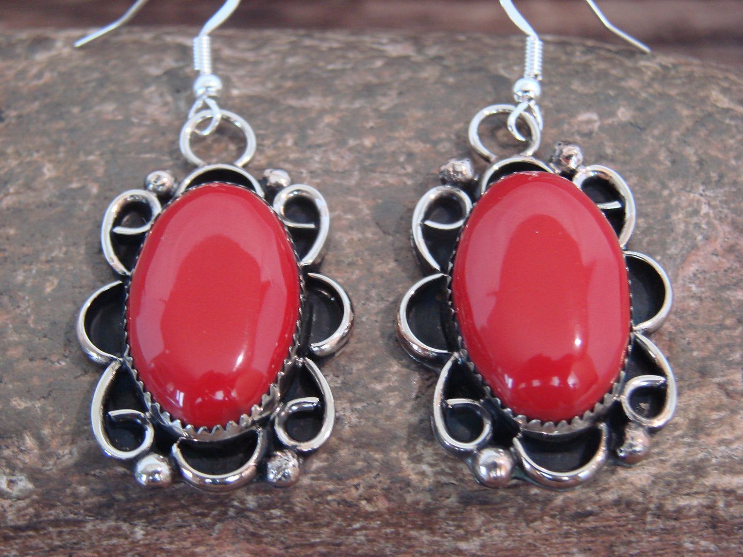 Native American Nickel Silver & Coral Dangle Earrings - Cleveland