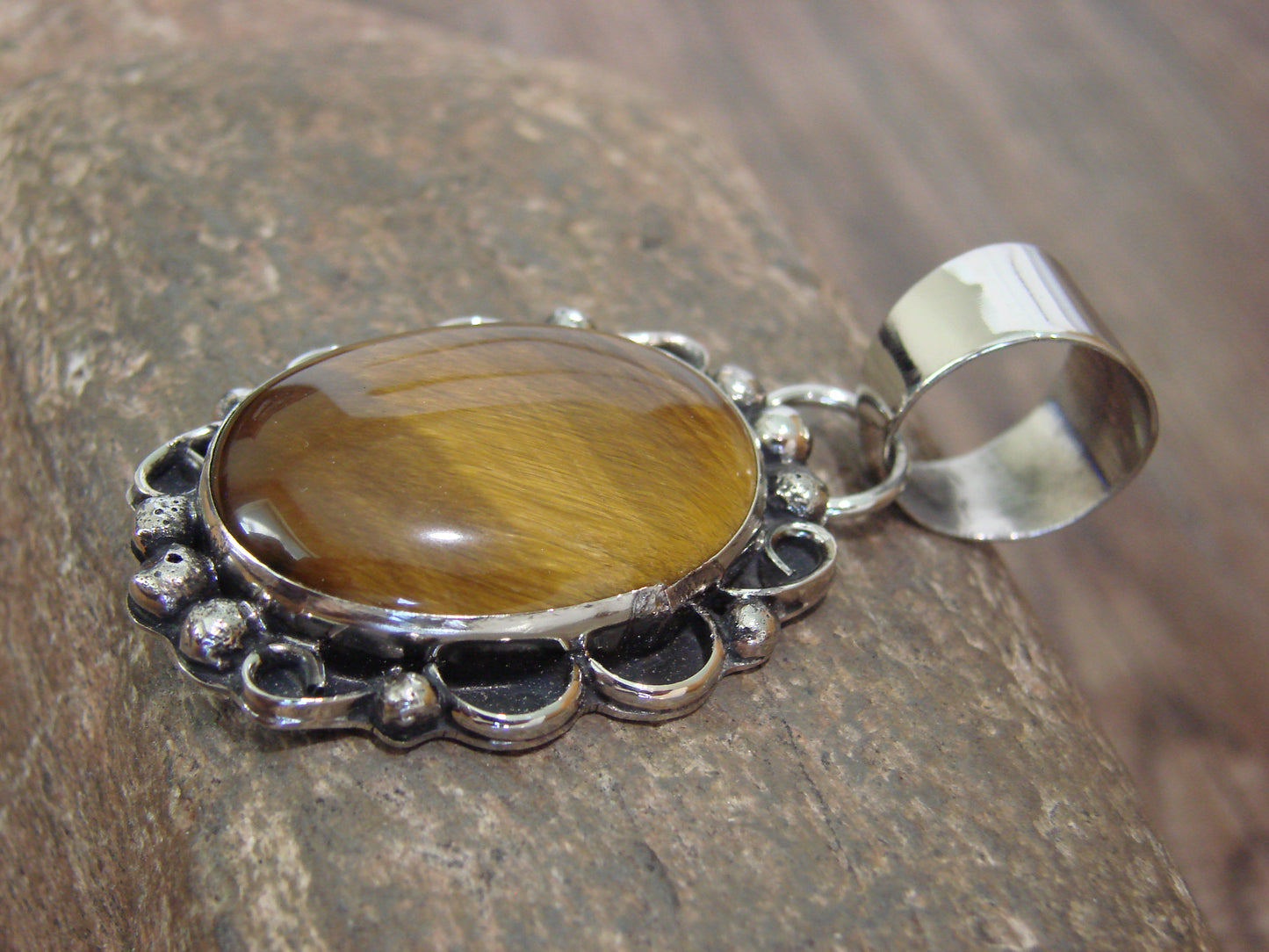 Native American Navajo Nickel Silver & Tiger Eye Pendant - Cleveland