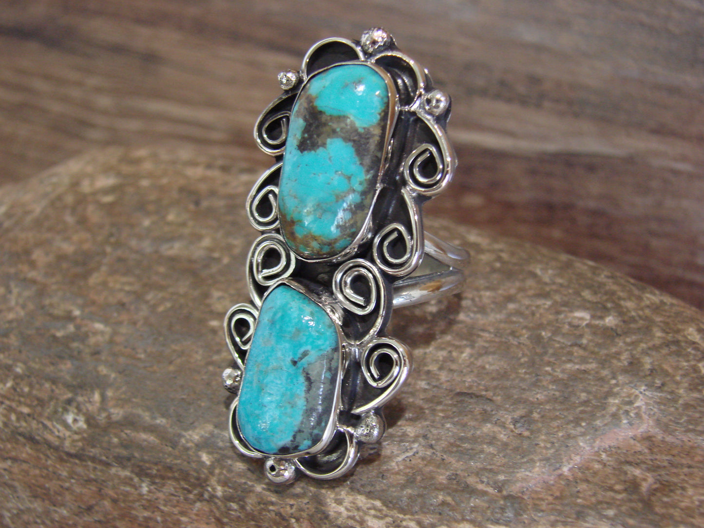 Native American Nickel Silver & Turquoise Ring by Cleveland - Size 11