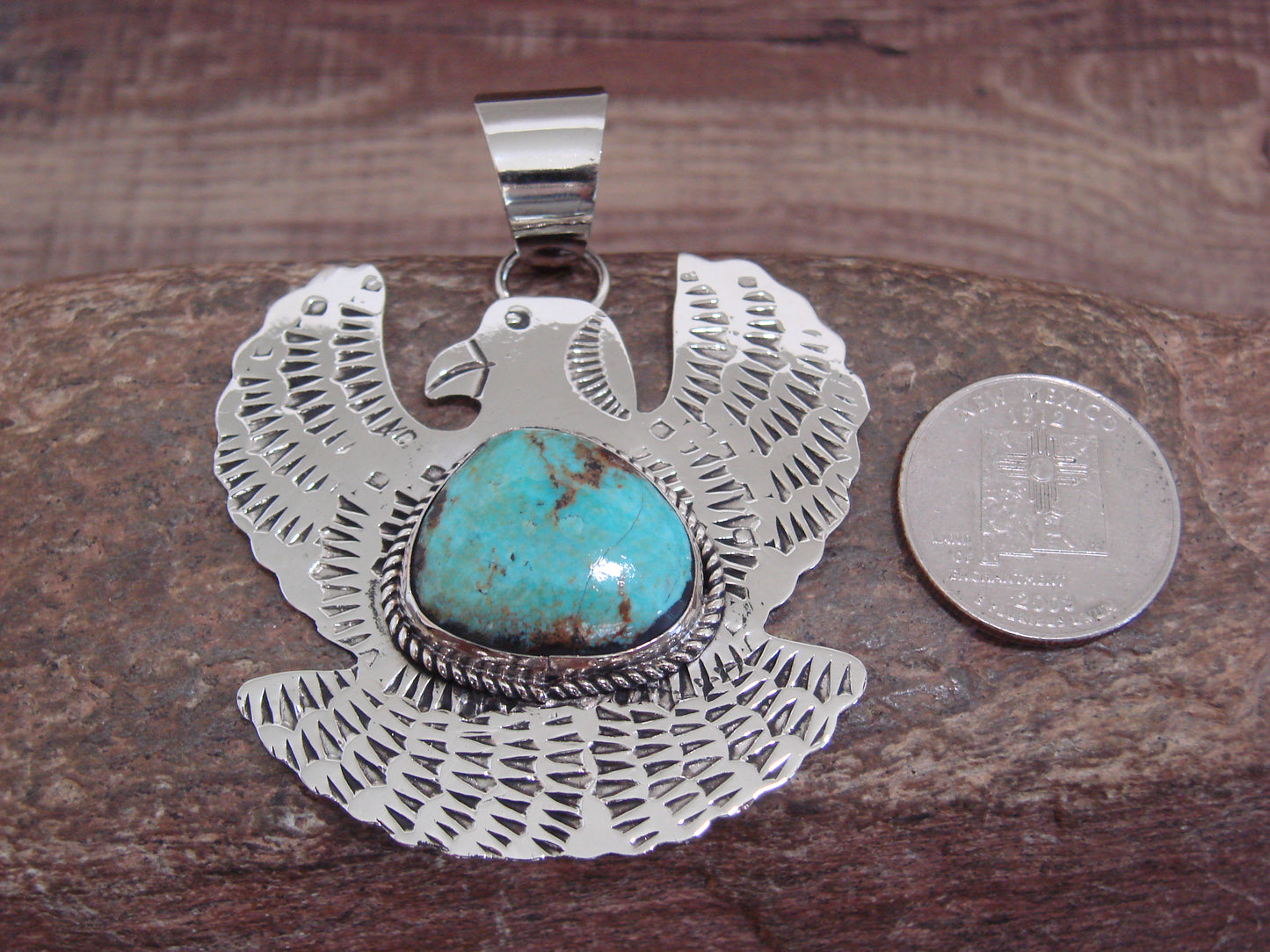 Native American Nickel Silver & Turquoise Eagle Pendant - Cleveland