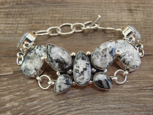 Native American Sterling Silver White Buffalo Turquoise Butterfly Link Bracelet -Cayaditto