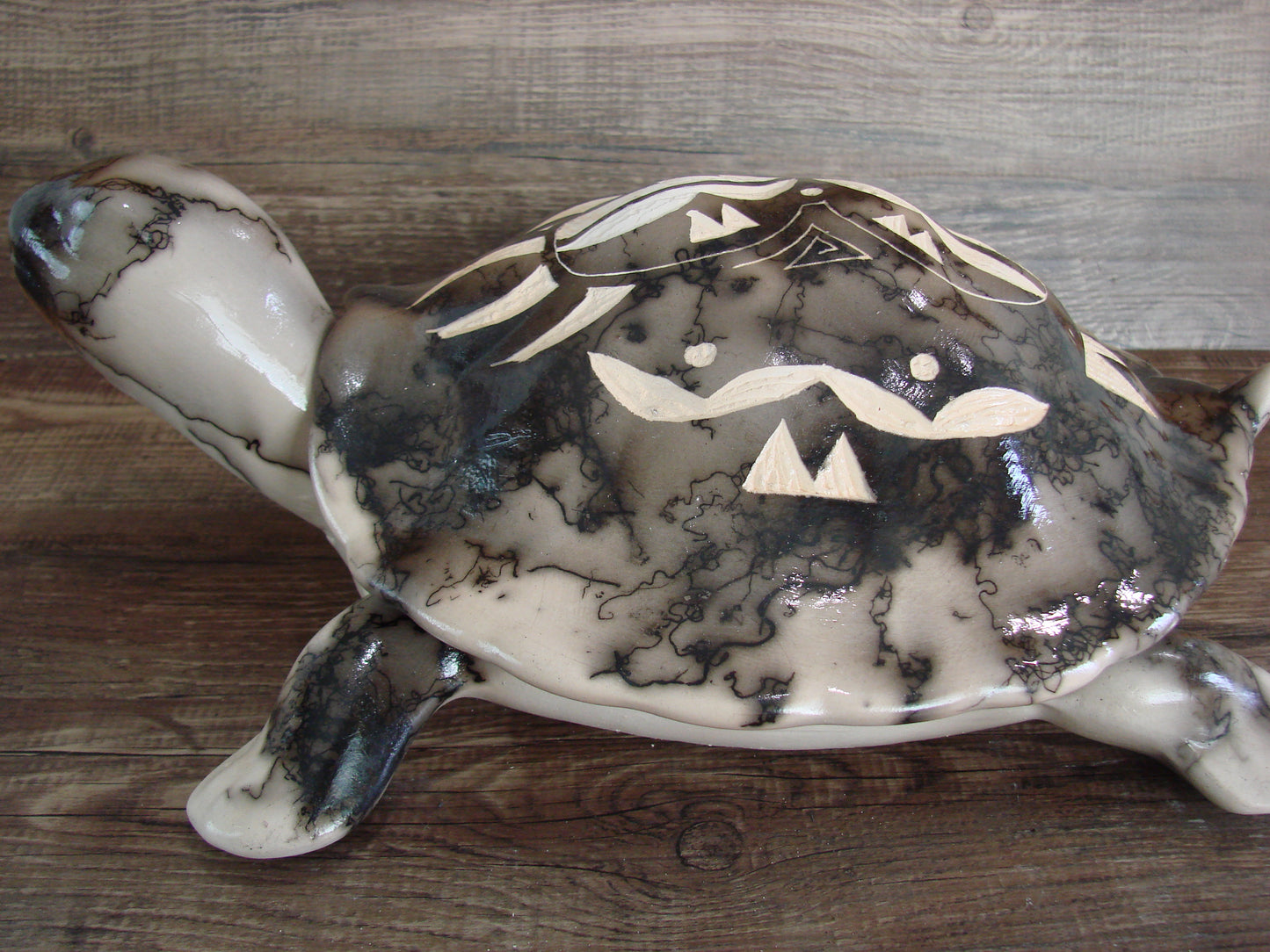 Large Navajo Pottery Horse Hair Turtle Jewelry Trinket Box by Vail