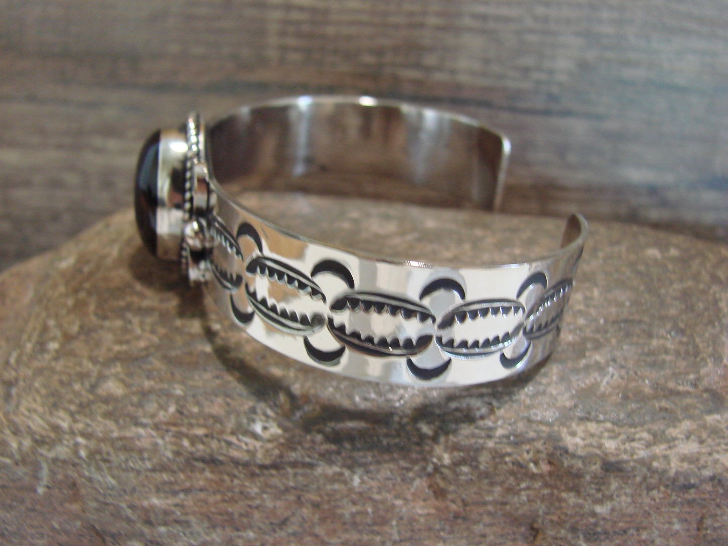 Navajo Indian Nickel Silver & Onyx Bracelet by Cleveland