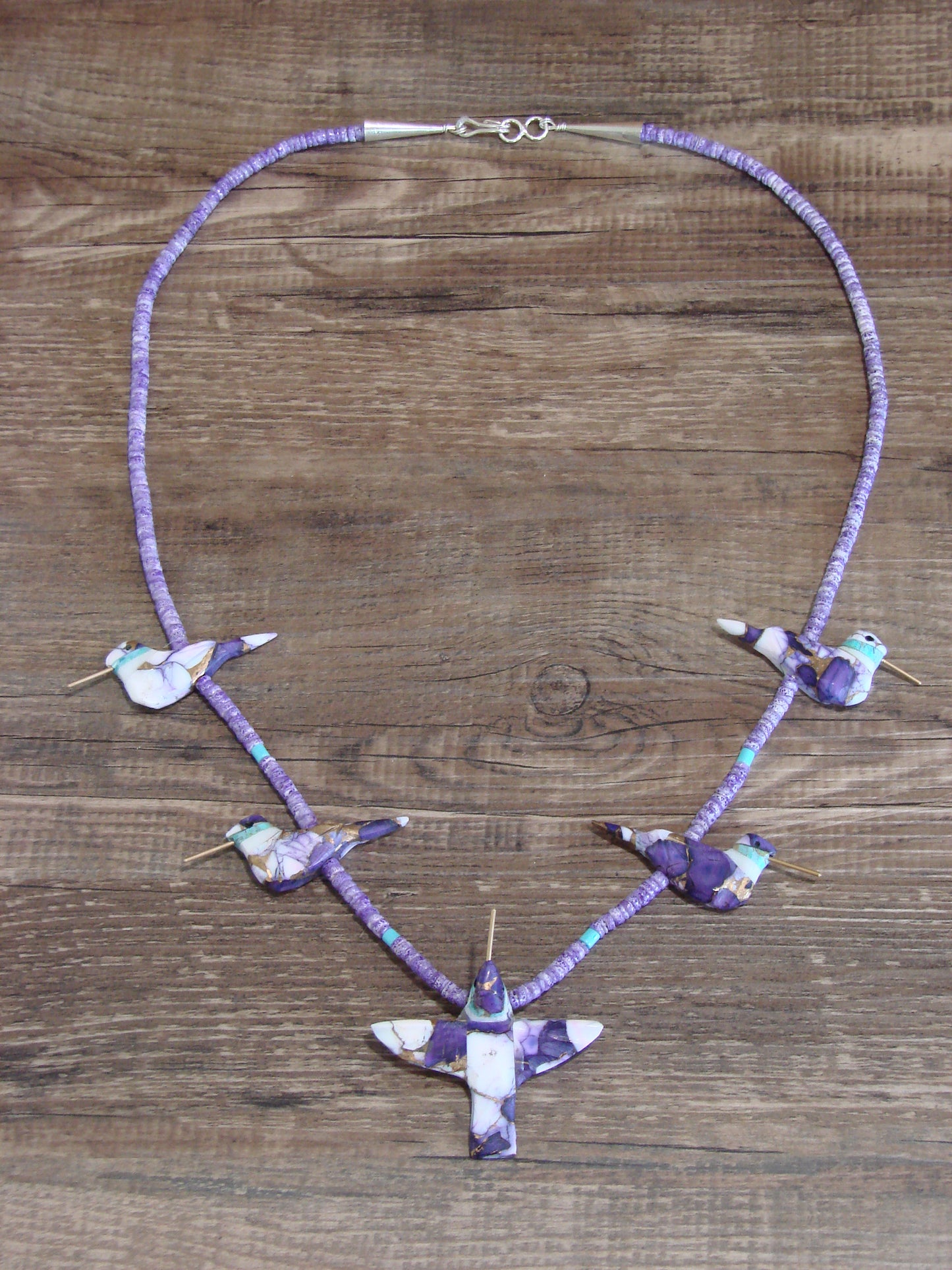 Hand Carved Bronze Purple Turquoise Aggregate Hummingbird Fetish Necklace - Mitchell