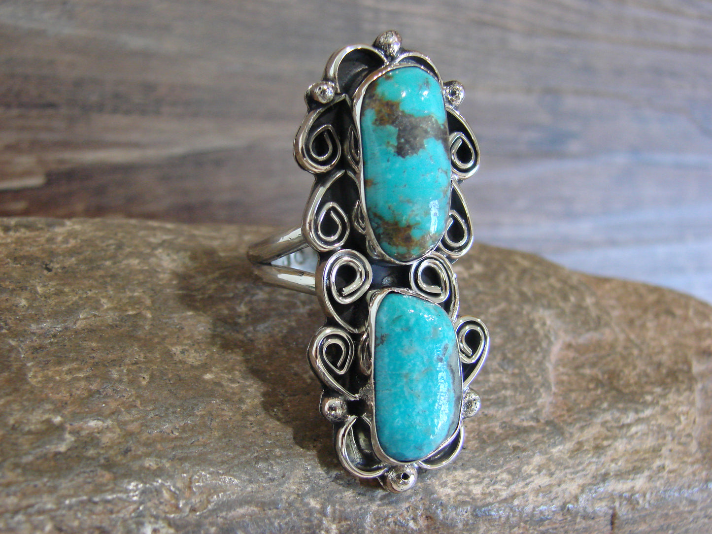 Native American Nickel Silver & Turquoise Ring by Cleveland - Size 11