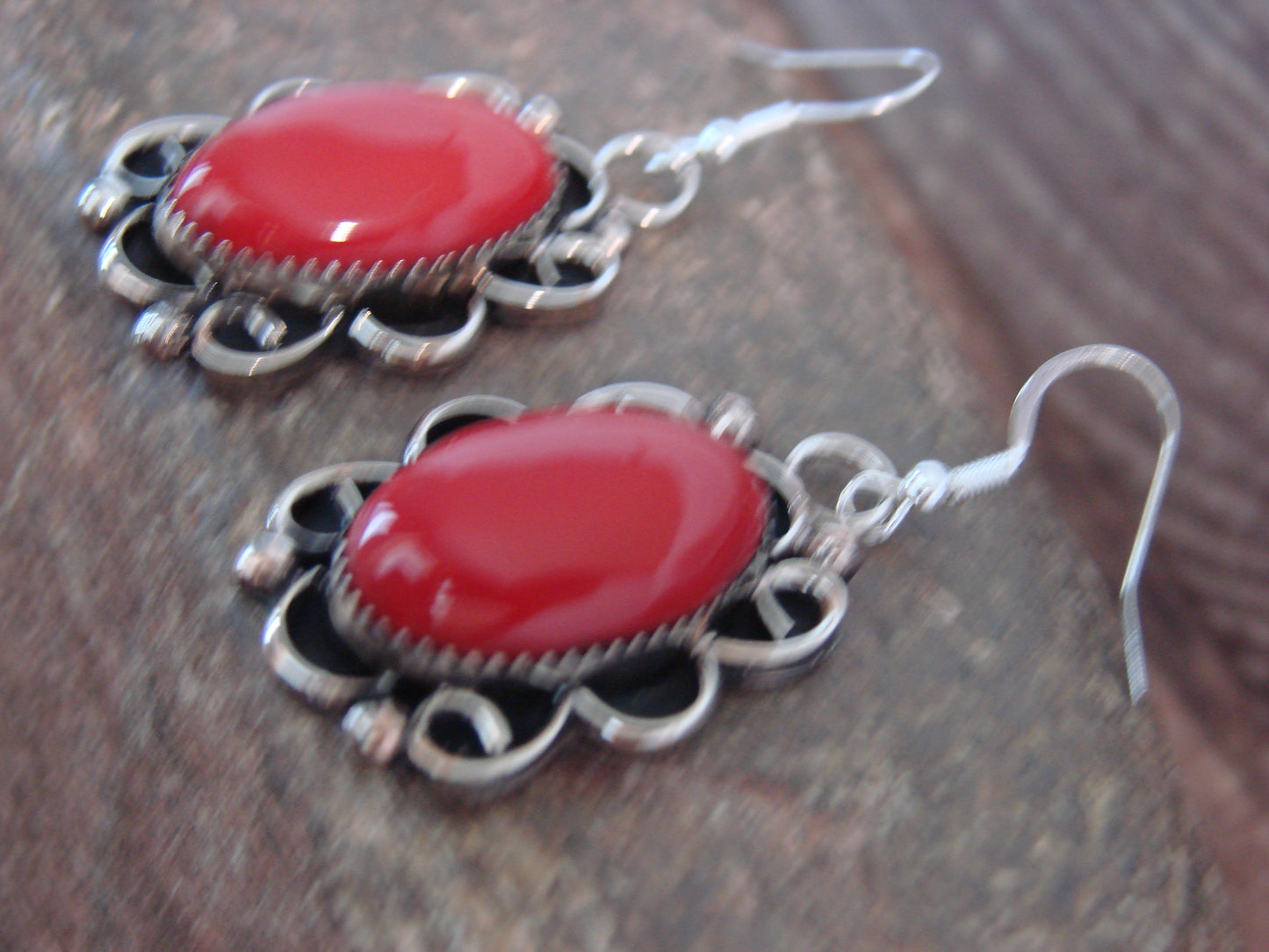 Native American Nickel Silver & Coral Dangle Earrings - Cleveland