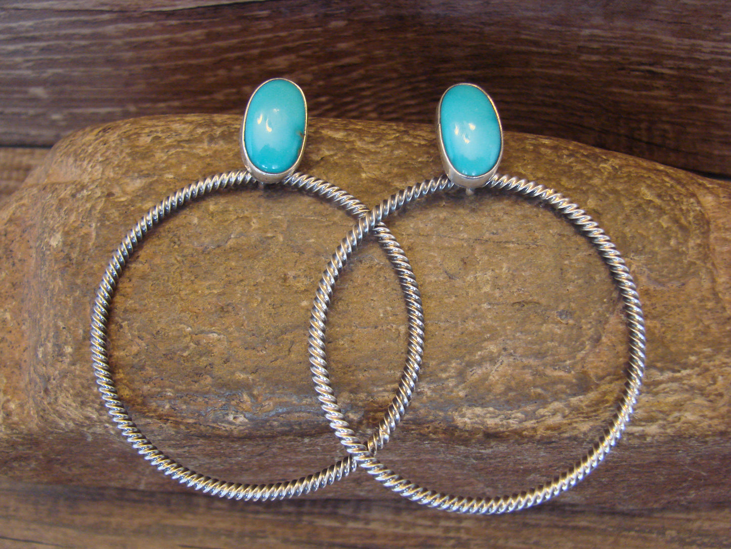 Native American Sterling Silver & Turquoise Hoop Post Earrings - Betone