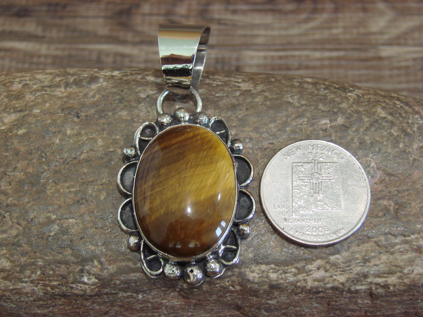 Native American Navajo Nickel Silver & Tiger Eye Pendant - Cleveland