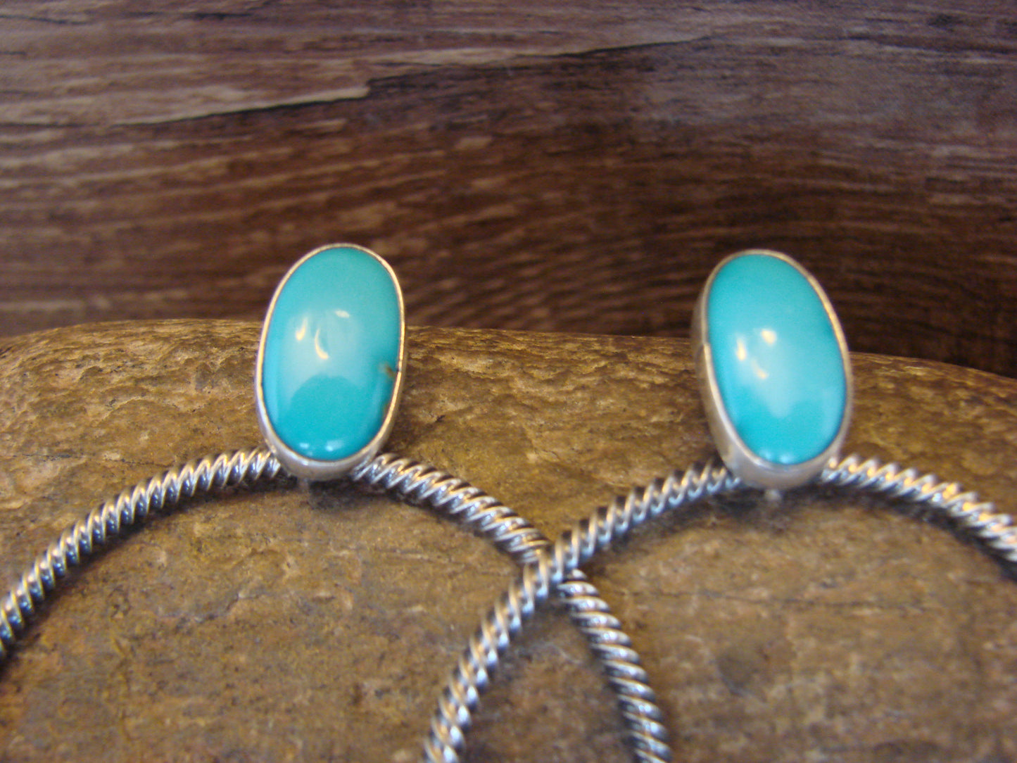 Native American Sterling Silver & Turquoise Hoop Post Earrings - Betone