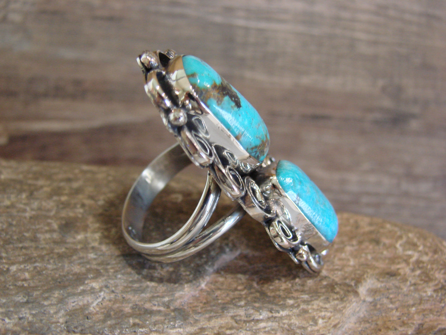 Native American Nickel Silver & Turquoise Ring by Cleveland - Size 11