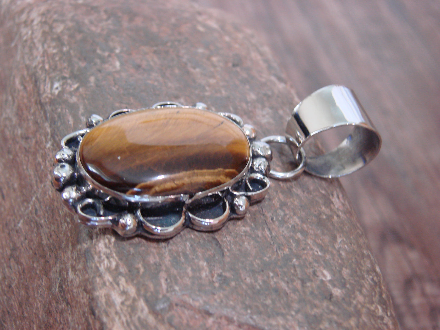 Native American Navajo Nickel Silver & Tiger Eye Pendant - Cleveland