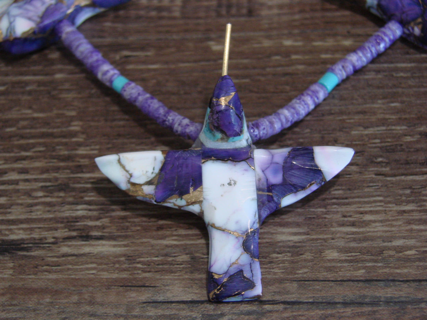 Hand Carved Bronze Purple Turquoise Aggregate Hummingbird Fetish Necklace - Mitchell