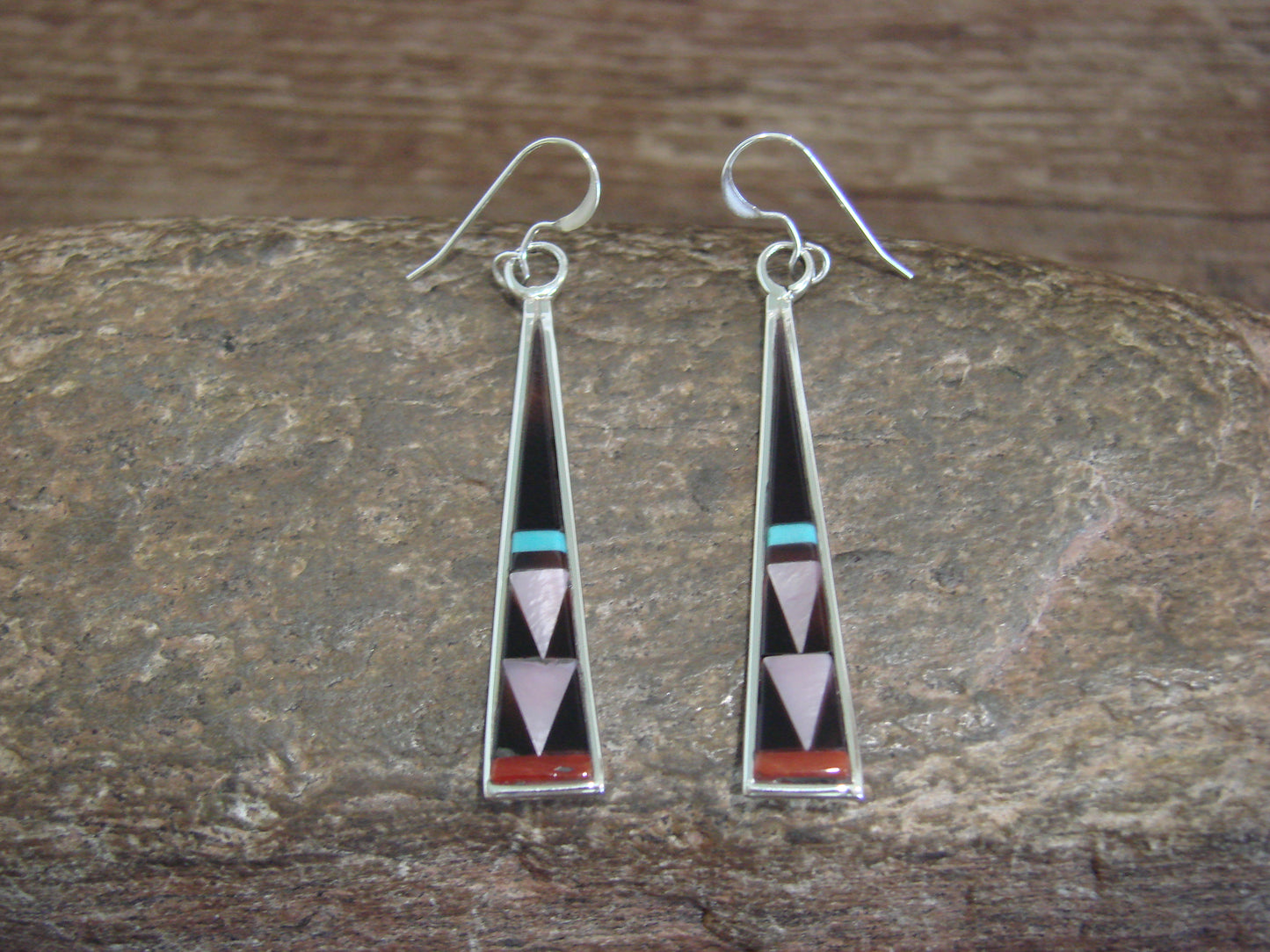 Native American Zuni Indian Sterling Silver Multi Stone Inlay Dangle Earrings by Qualo
