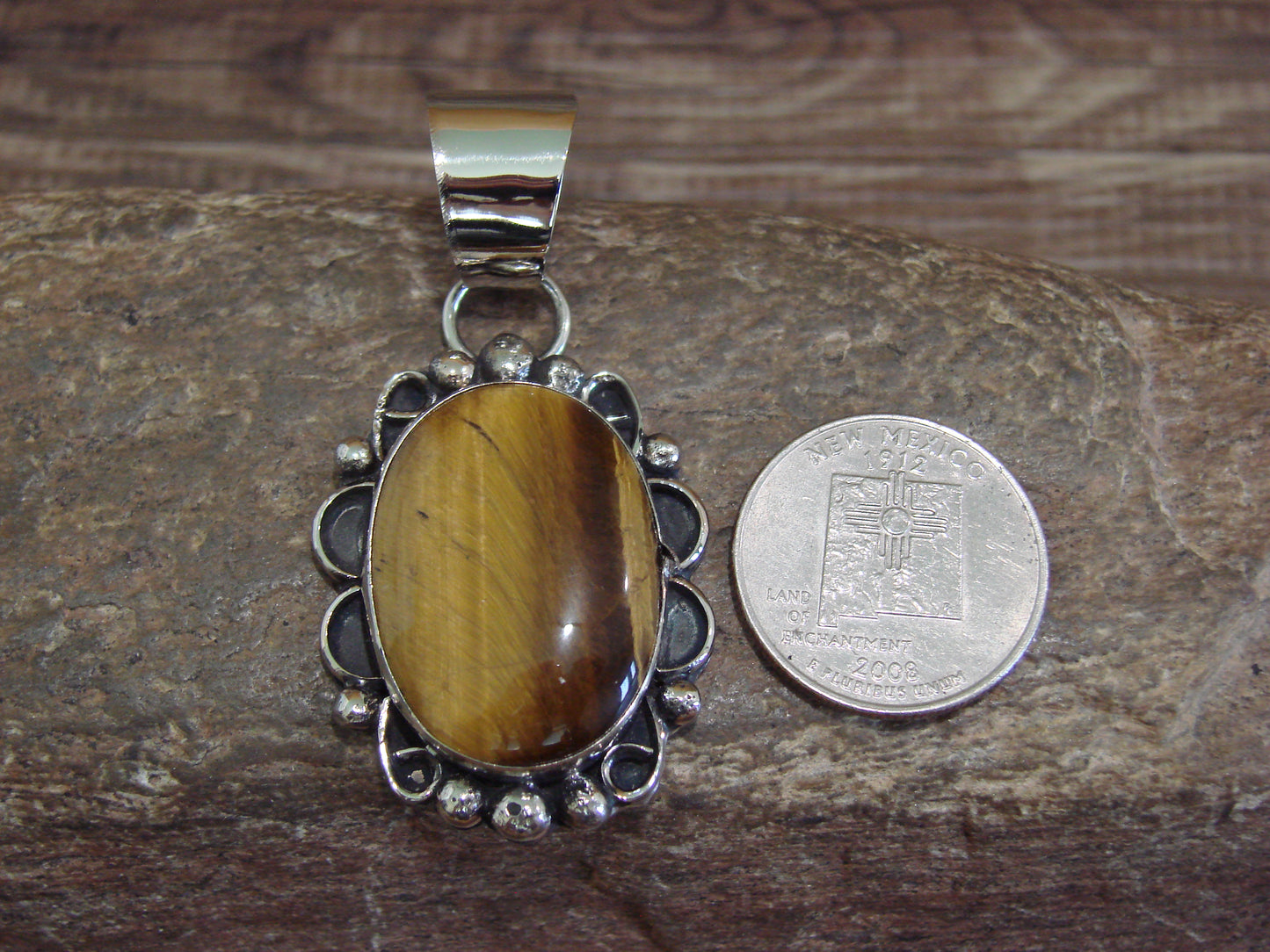 Native American Navajo Nickel Silver & Tiger Eye Pendant - Cleveland