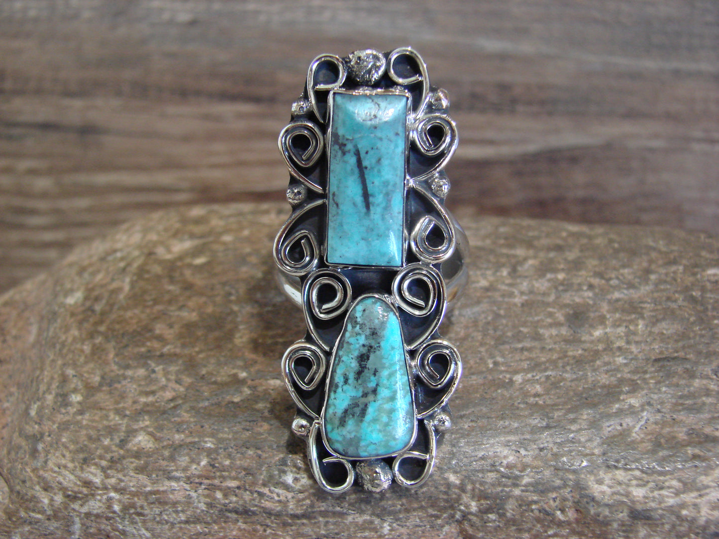 Native American Nickel Silver & Turquoise Ring by Cleveland - Size 11.5