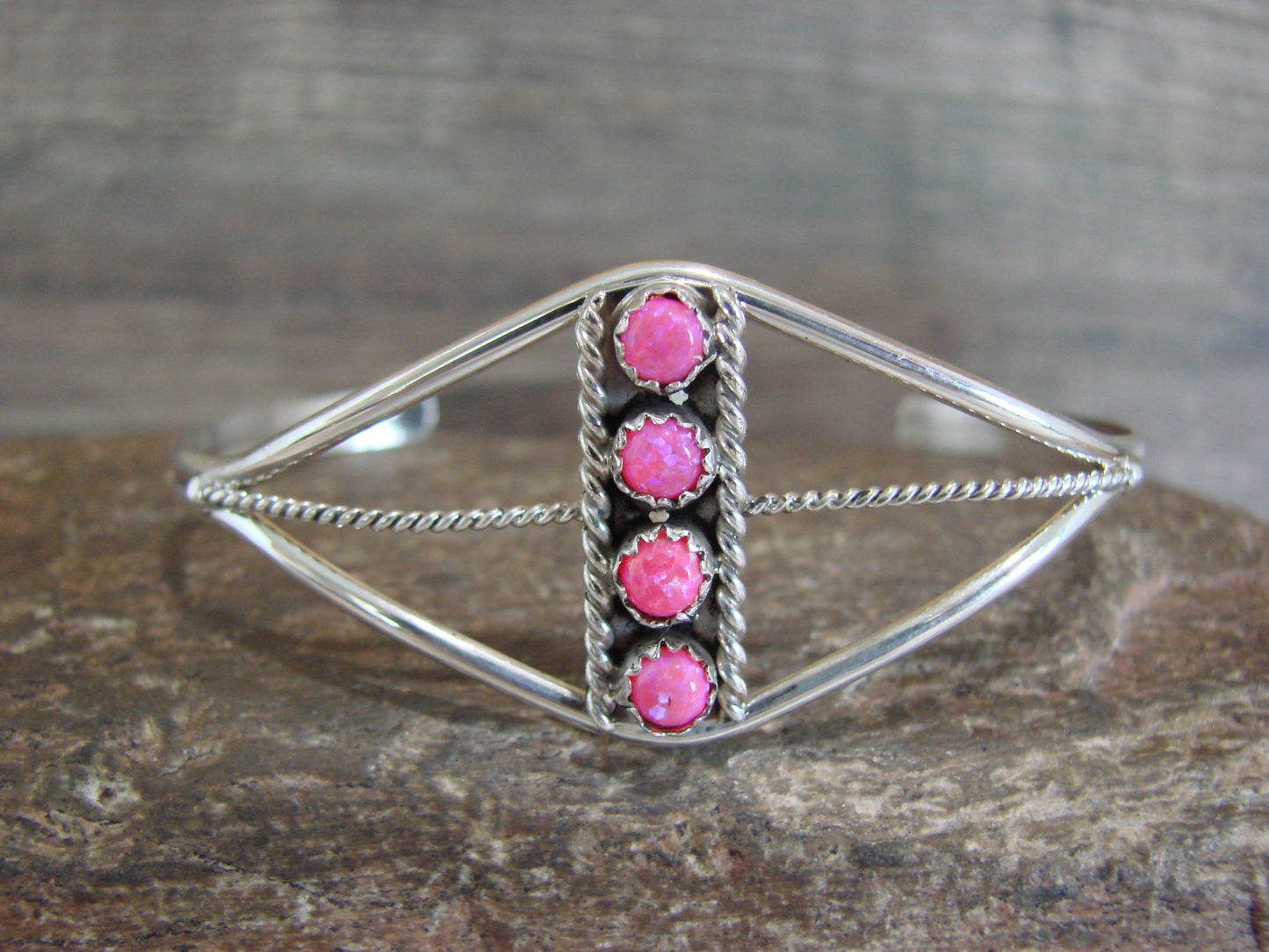 Native American Sterling Silver Pink Opal Inlay Row Bracelet - Spencer