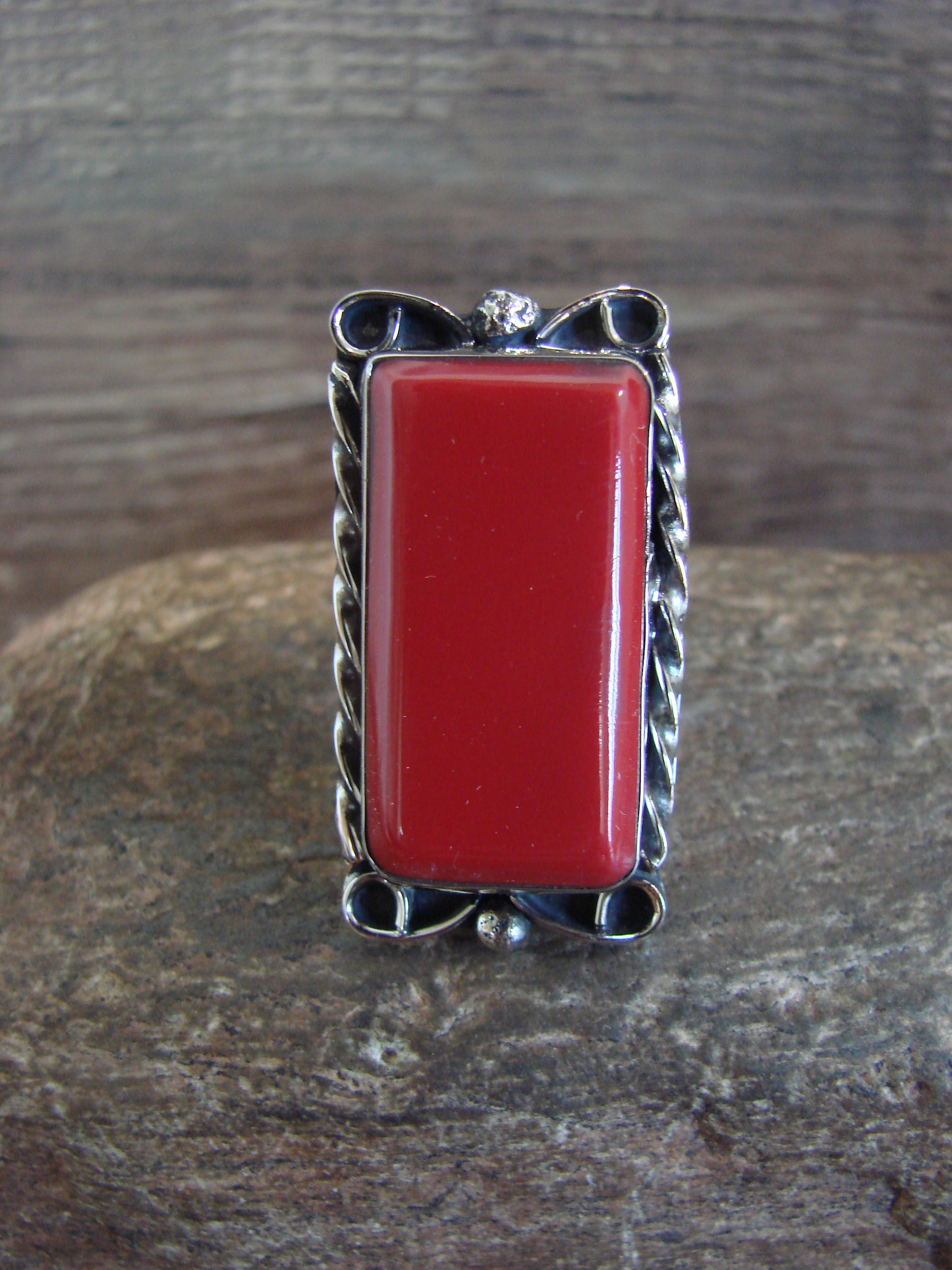 Native American Nickel Silver & Coral Ring Size 9 - Cleveland