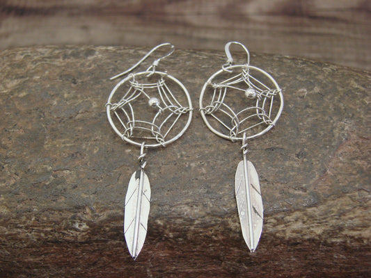 Native American Sterling Silver Dream Catcher Dangle Earrings by Arviso