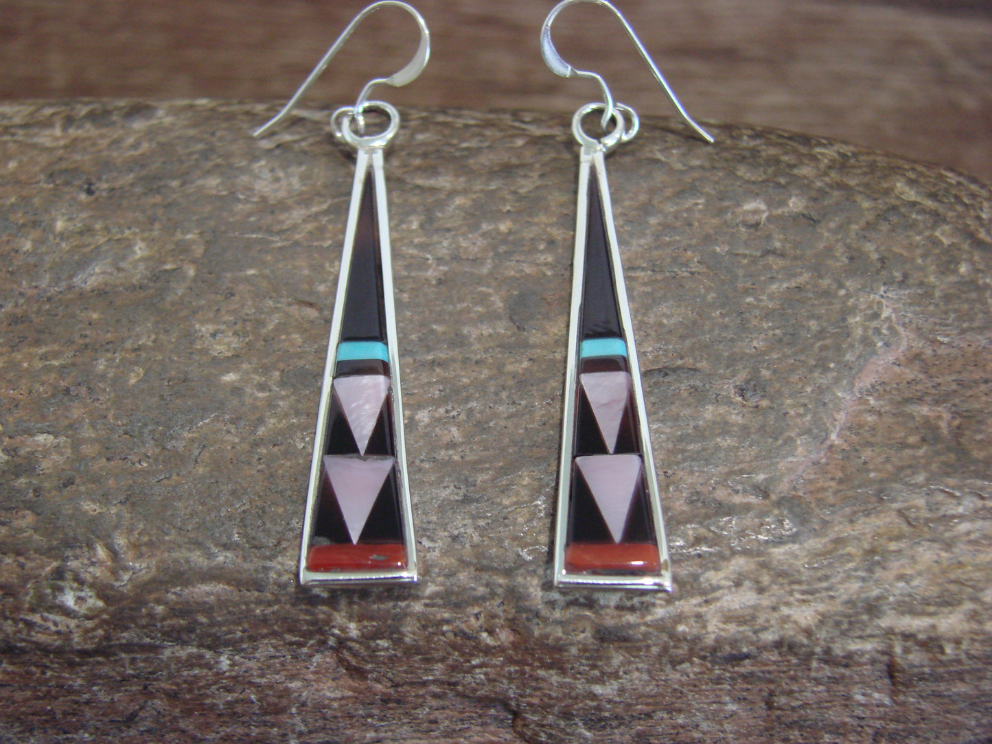 Native American Zuni Indian Sterling Silver Multi Stone Inlay Dangle Earrings by Qualo