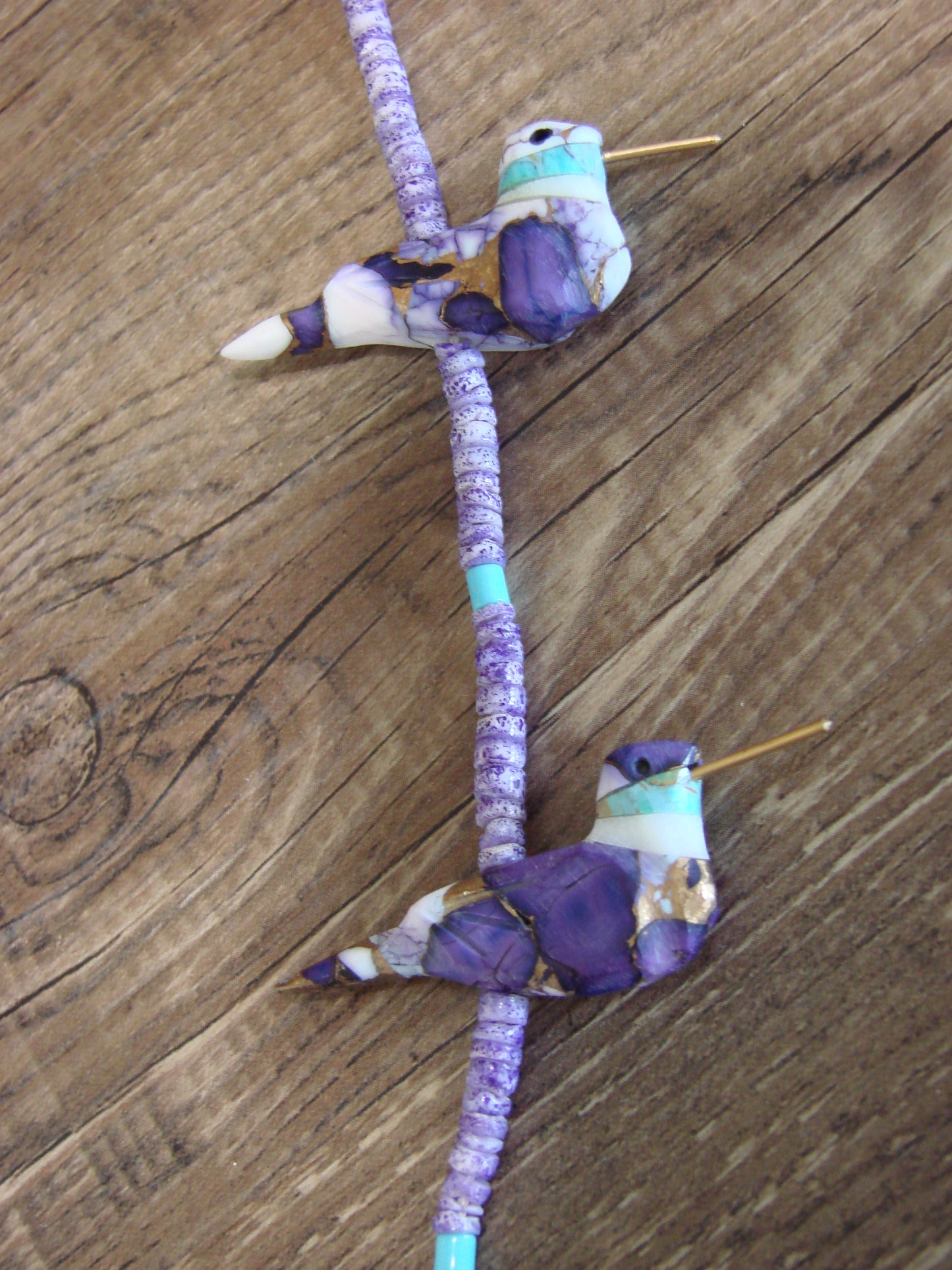 Hand Carved Bronze Purple Turquoise Aggregate Hummingbird Fetish Necklace - Mitchell