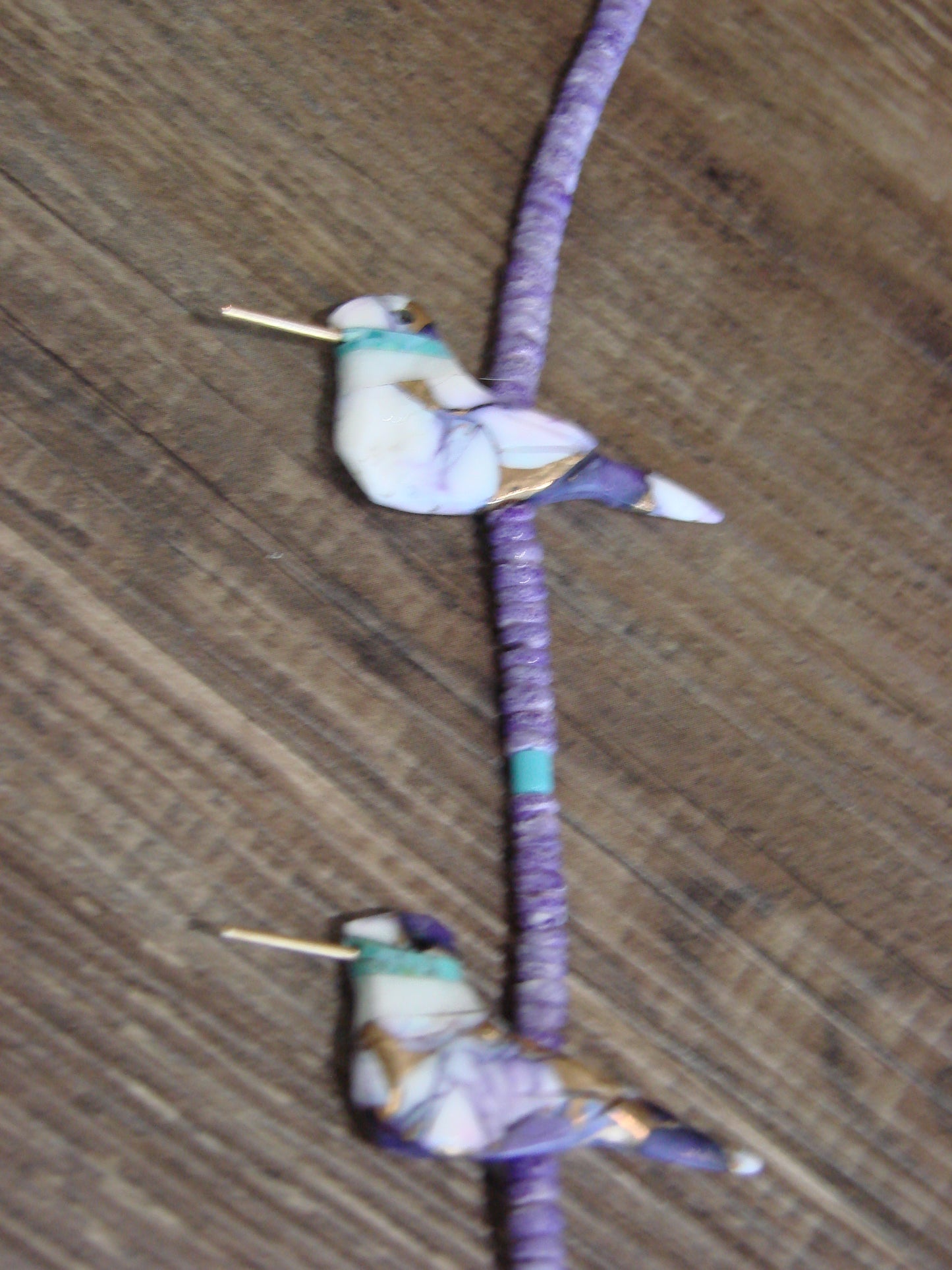 Hand Carved Bronze Purple Turquoise Aggregate Hummingbird Fetish Necklace - Mitchell