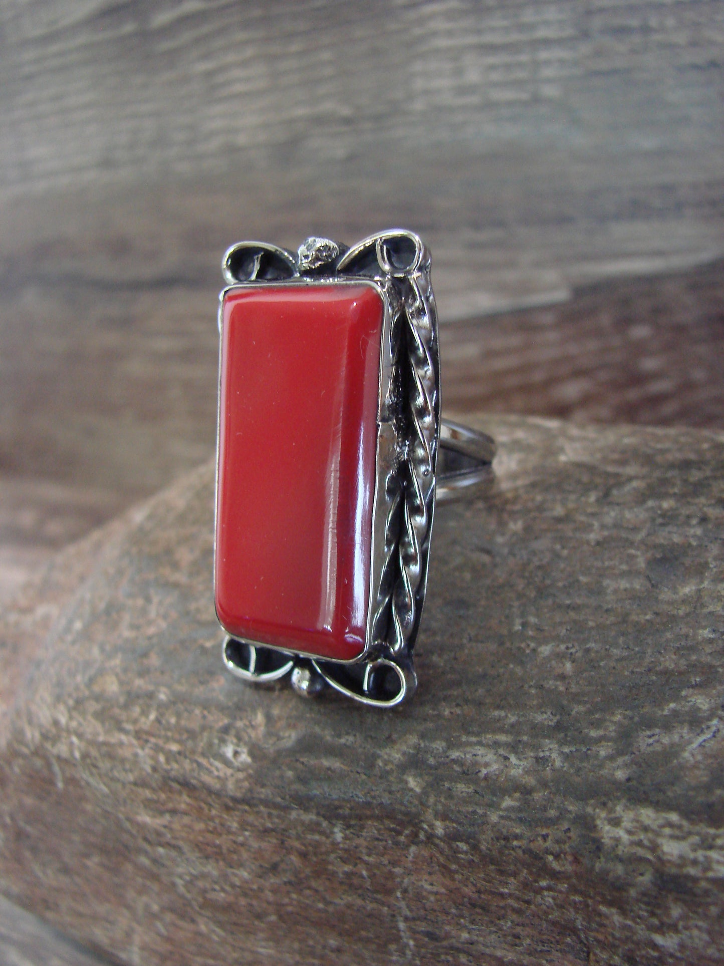 Native American Nickel Silver & Coral Ring Size 9 - Cleveland