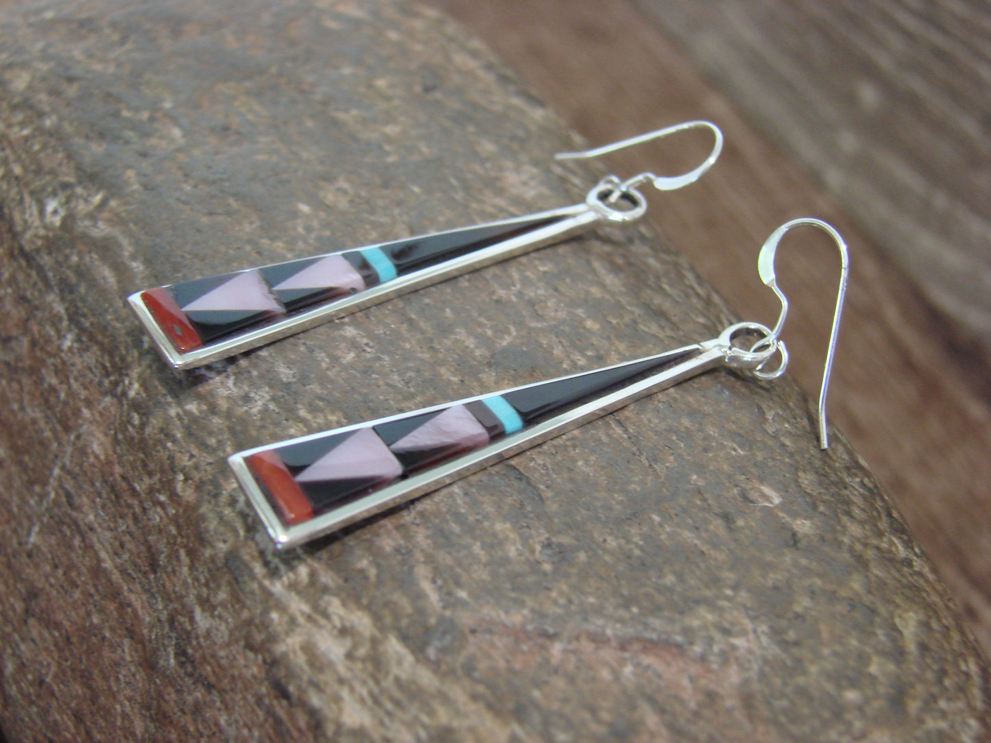 Native American Zuni Indian Sterling Silver Multi Stone Inlay Dangle Earrings by Qualo