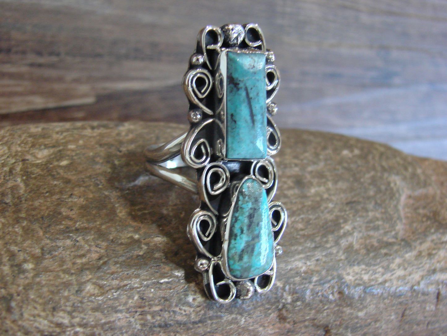 Native American Nickel Silver & Turquoise Ring by Cleveland - Size 11.5