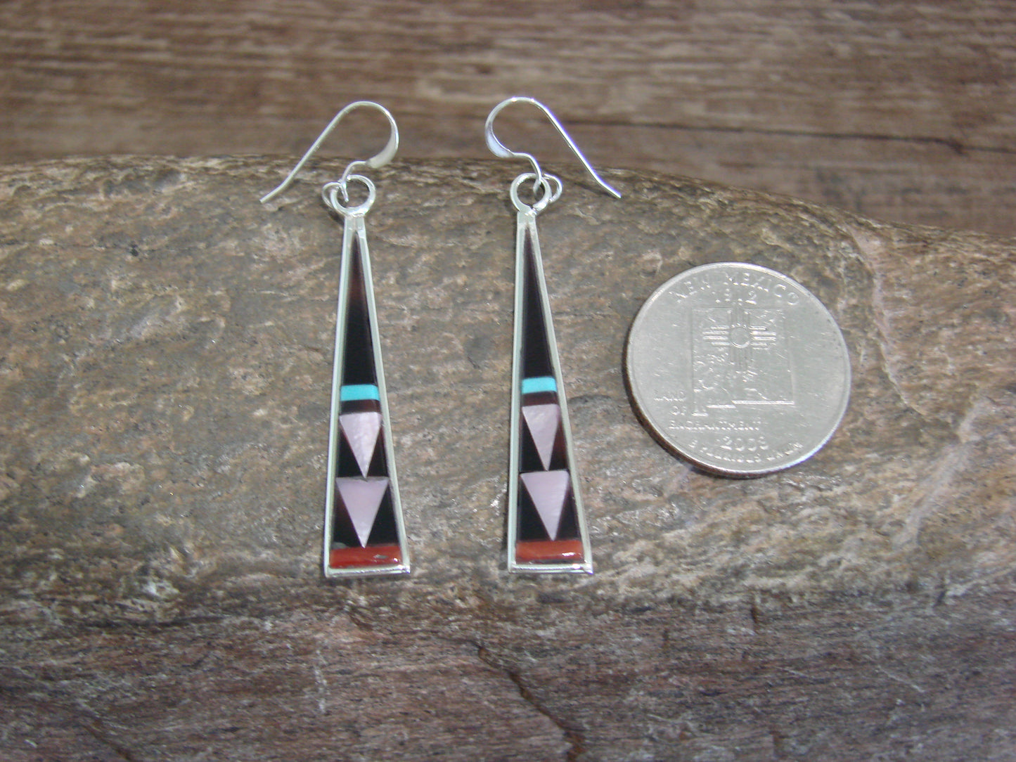 Native American Zuni Indian Sterling Silver Multi Stone Inlay Dangle Earrings by Qualo